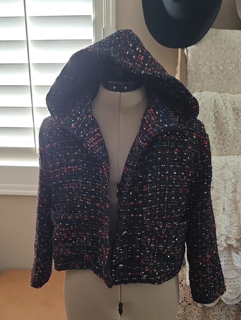 Line & Dot Black Multi Hooded Tweed Cropped Blazer